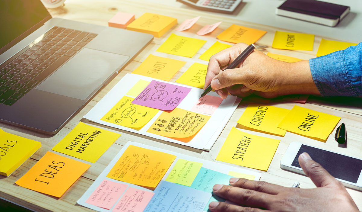 marketing strategies on sticky notes